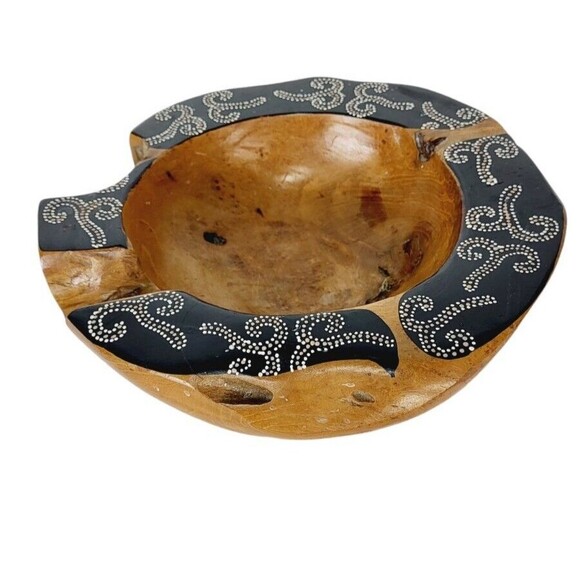 Vintage Natural Polished Teak Root Rustic Bowl Raw Chunky Painted Rim 11.5" - Picture 1 of 14